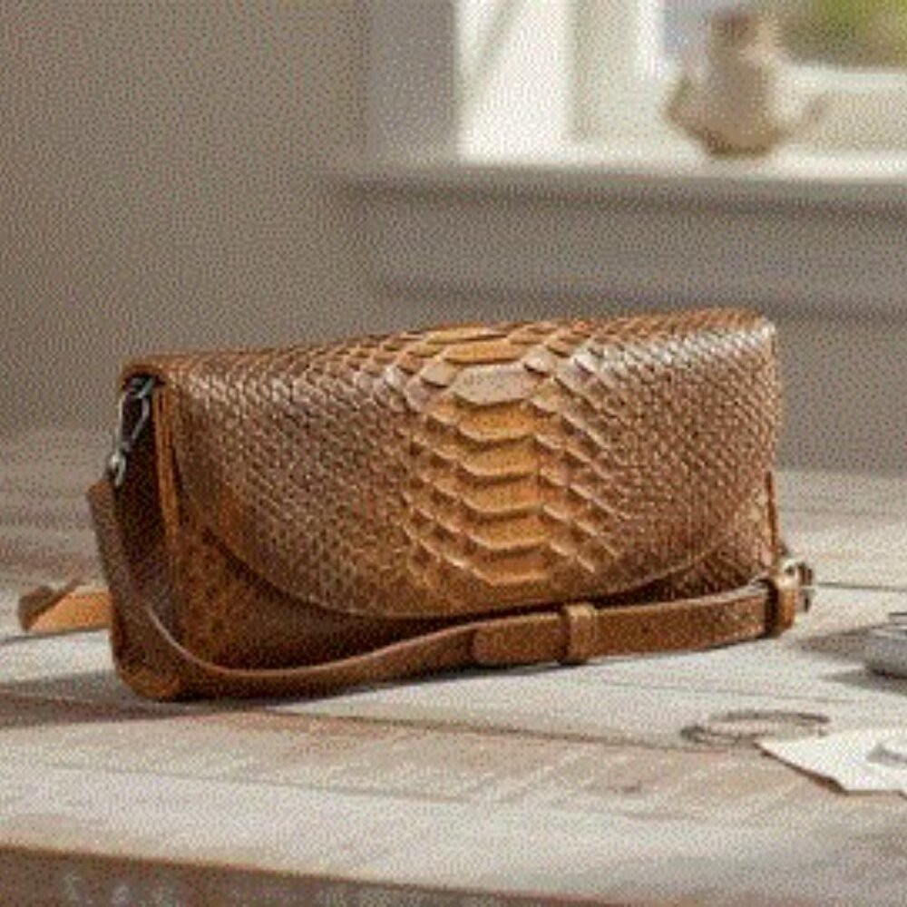 Grand Pelle Genuine Python Leather Clutch Bag with Shoulder Strap Camel